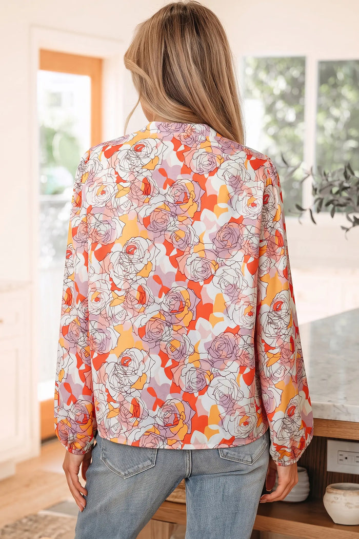 Floral Print V Neck Long Sleeve Shift Blouse – Pink