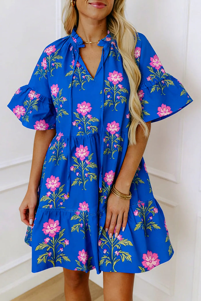 Floral Print V-Neck Ruffle Sleeve Loose Mini Dress
