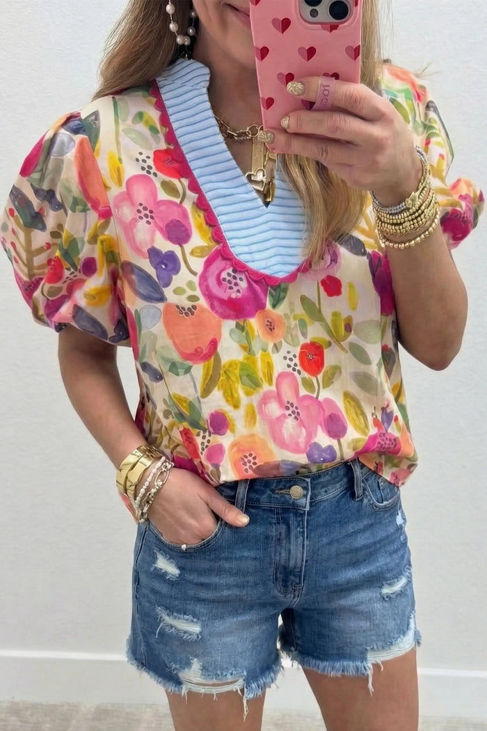 Floral Print V Neck Short Puff Sleeve Cotton Blouse – Rose