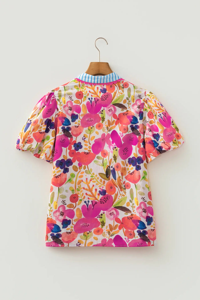 Floral Print V Neck Short Puff Sleeve Cotton Blouse – Rose