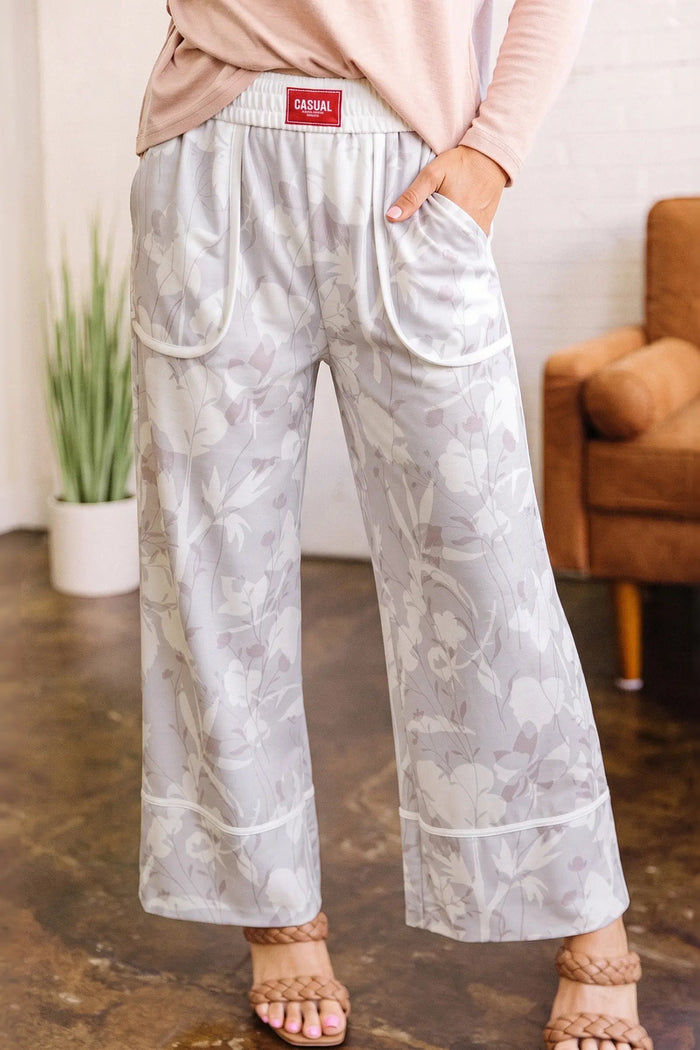 Floral Print Wide Leg Ankle-Length Elastic Waistband Pants – Gray