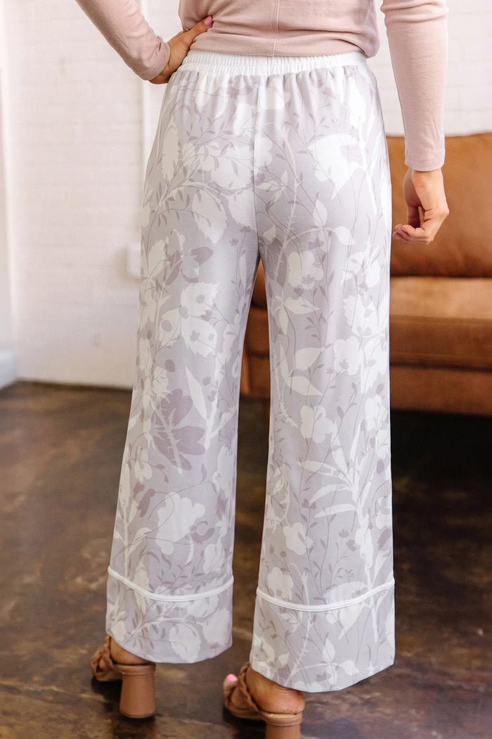 Floral Print Wide Leg Ankle-Length Elastic Waistband Pants – Gray