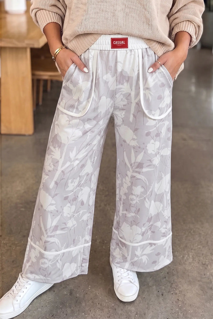 Floral Print Wide Leg Ankle-Length Elastic Waistband Pants – Gray