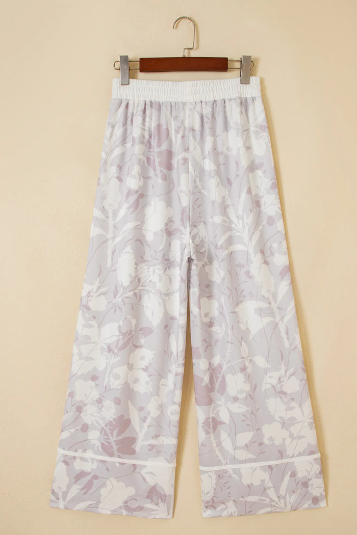 Floral Print Wide Leg Ankle-Length Elastic Waistband Pants – Gray