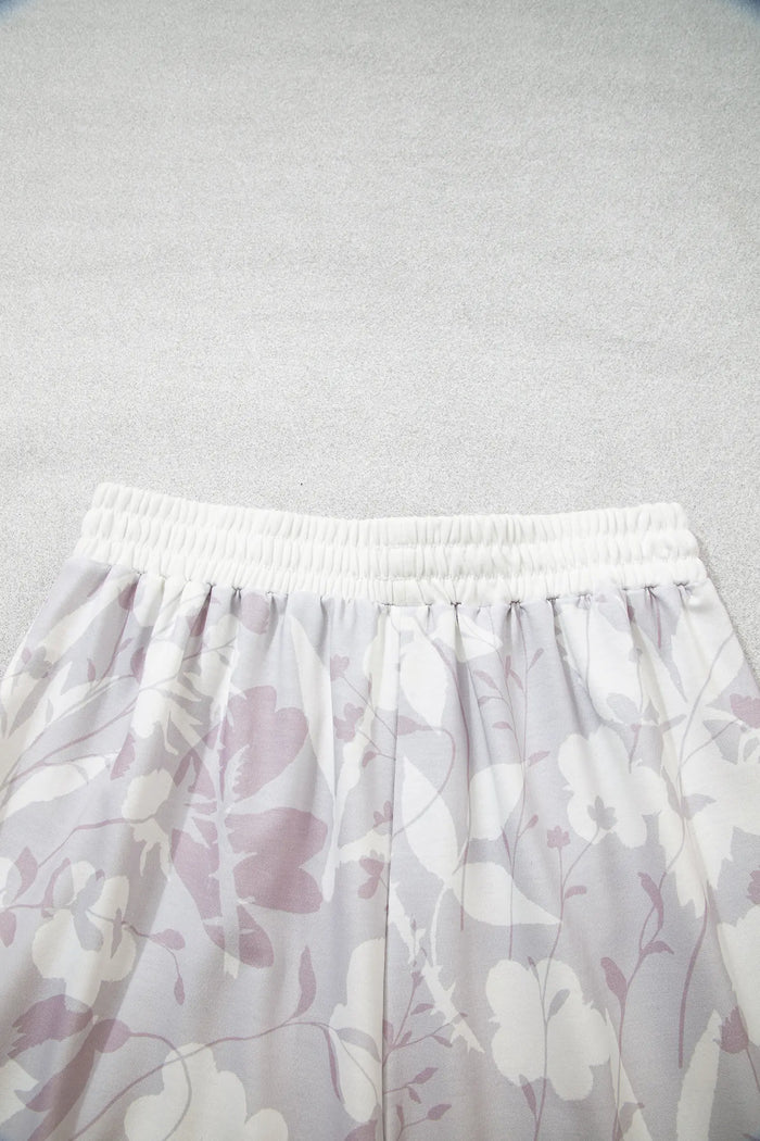 Floral Print Wide Leg Ankle-Length Elastic Waistband Pants – Gray