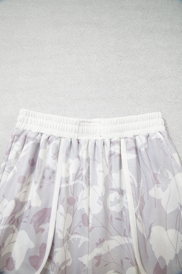 Floral Print Wide Leg Ankle-Length Elastic Waistband Pants – Gray