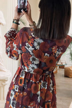 Floral Print Wrap V-Neck Puff Sleeve Flowy Mini Dress - Red / S - Dresses/Floral Dresses