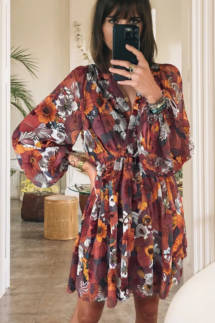 Floral Print Wrap V-Neck Puff Sleeve Flowy Mini Dress - Dresses/Floral Dresses