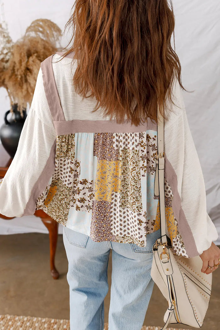 Floral Printed Contrast Patchwork Long Sleeve Top - Tops/Long Tops