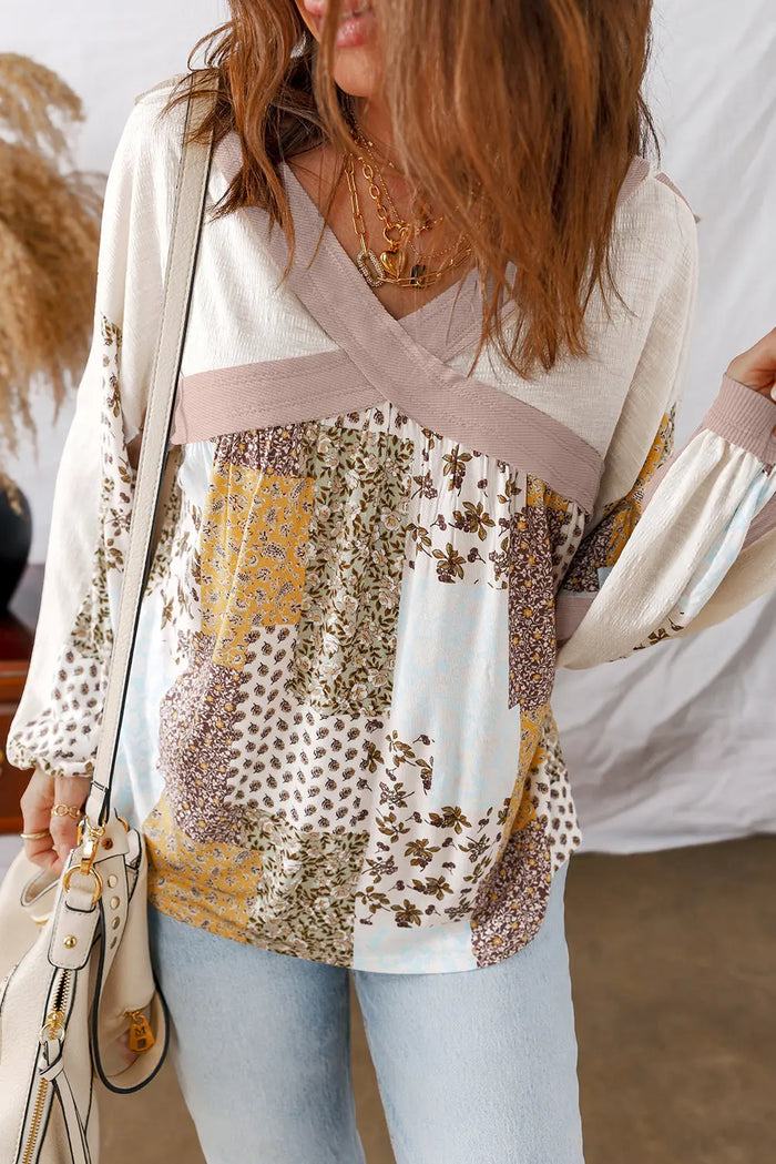 Floral Printed Contrast Patchwork Long Sleeve Top - Tops/Long Tops