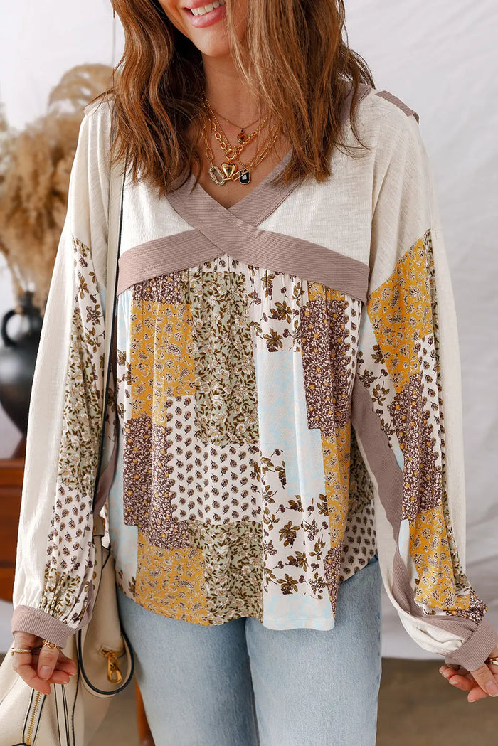 Floral Printed Contrast Patchwork Long Sleeve Top - Tops/Long Tops