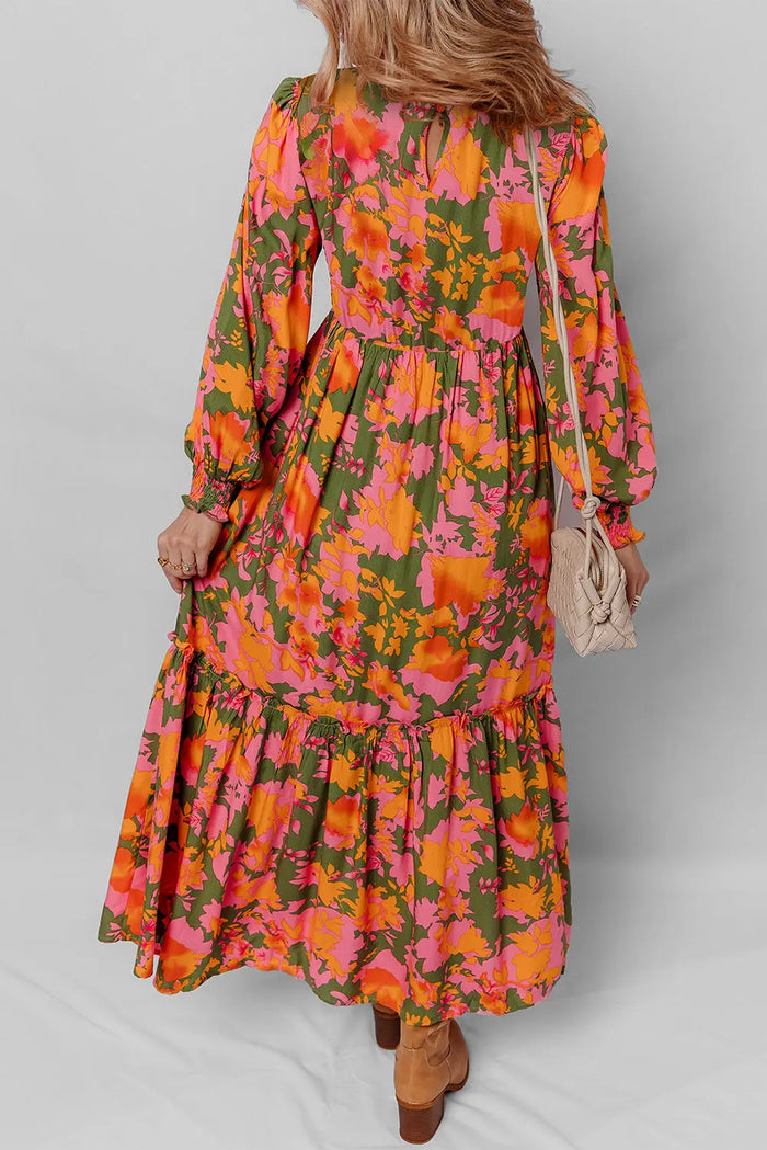 Floral Puff Sleeve Smocked Bodice Ruffled Long Dress - Dresses/Floral Dresses