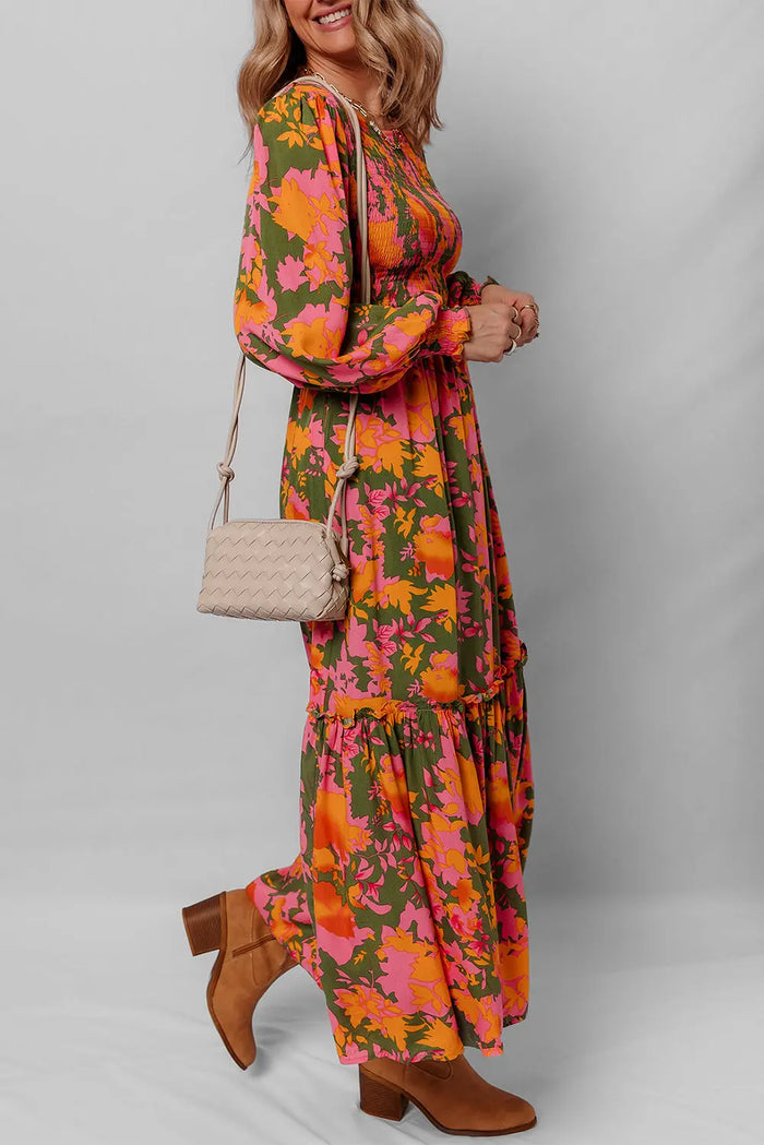 Floral Puff Sleeve Smocked Bodice Ruffled Long Dress - Dresses/Floral Dresses