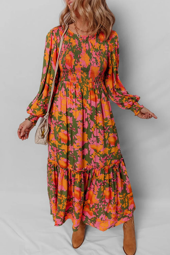 Floral Puff Sleeve Smocked Bodice Ruffled Long Dress - Dresses/Floral Dresses