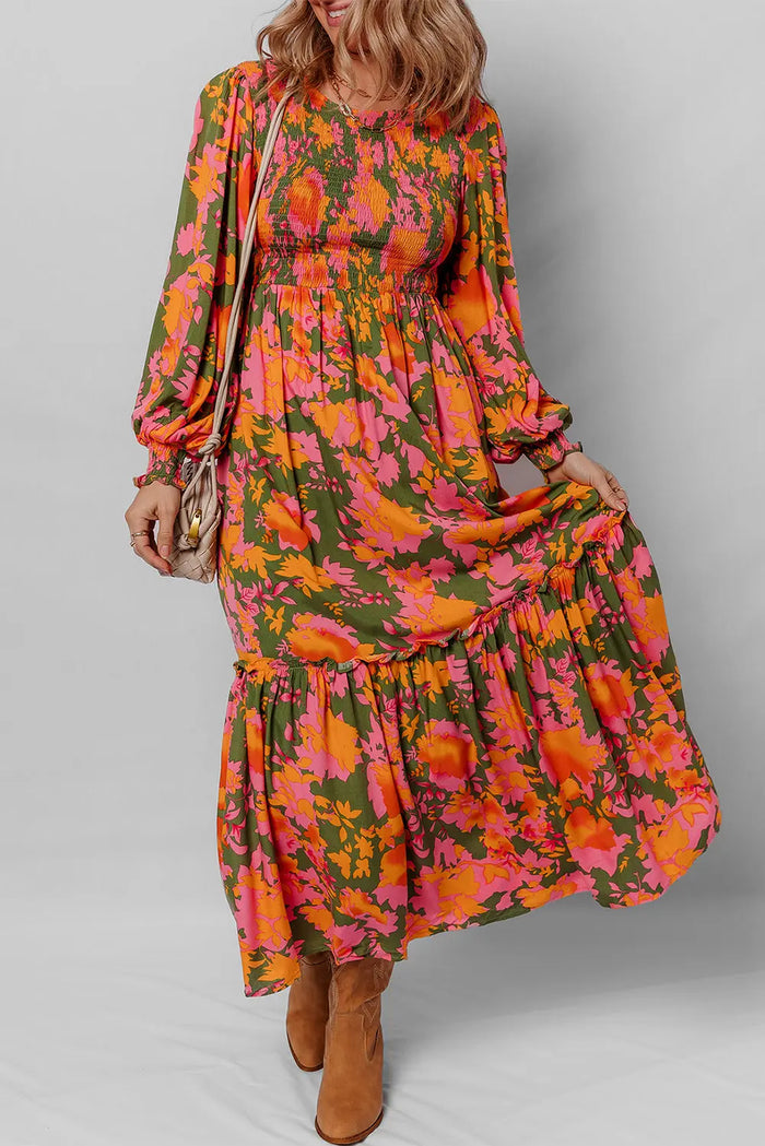 Floral Puff Sleeve Smocked Bodice Ruffled Long Dress - Dresses/Floral Dresses