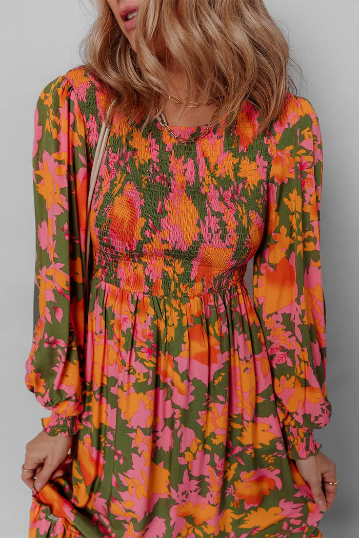 Floral Puff Sleeve Smocked Bodice Ruffled Long Dress - Dresses/Floral Dresses