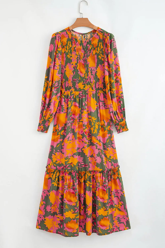Floral Puff Sleeve Smocked Bodice Ruffled Long Dress - Dresses/Floral Dresses