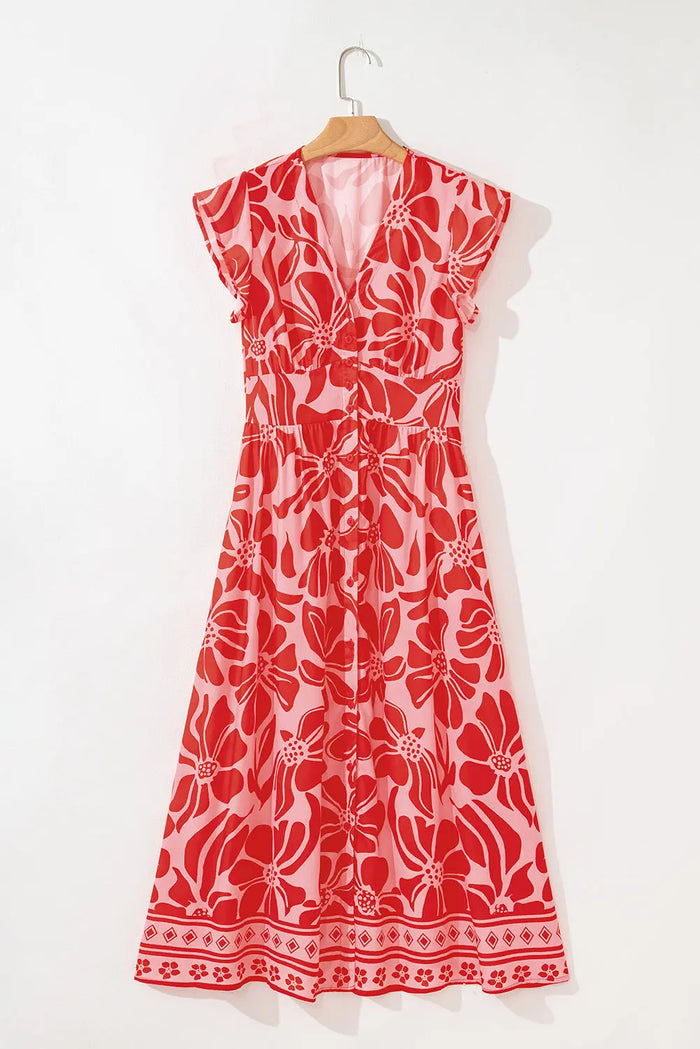 Floral Short Sleeve V-Neck Buttoned Shirred Waist Long Dress - Dresses/Floral Dresses