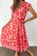 Floral Short Sleeve V-Neck Buttoned Shirred Waist Long Dress - Red / S - Dresses/Floral Dresses