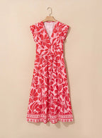 Floral Short Sleeve V-Neck Buttoned Shirred Waist Long Dress - Dresses/Floral Dresses