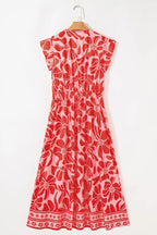 Floral Short Sleeve V-Neck Buttoned Shirred Waist Long Dress - Dresses/Floral Dresses