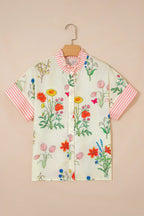 Floral Striped Patchwork Ruffled Collar Short Sleeve Shirt – Beige