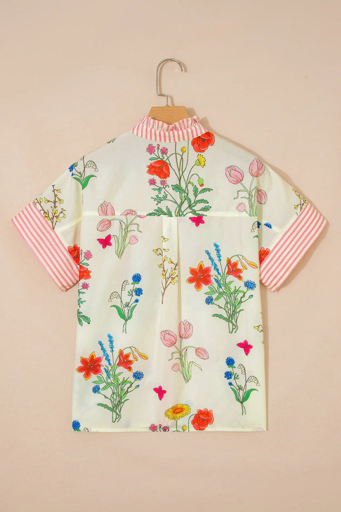 Floral Striped Patchwork Ruffled Collar Short Sleeve Shirt – Beige