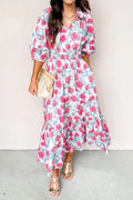 Floral Tie V-Neck Puff Sleeve Ruffle Tiered Midi Dress