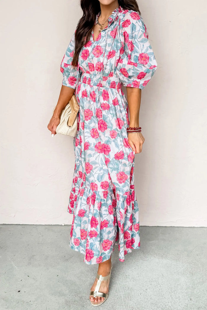 Floral Tie V-Neck Puff Sleeve Ruffle Tiered Midi Dress