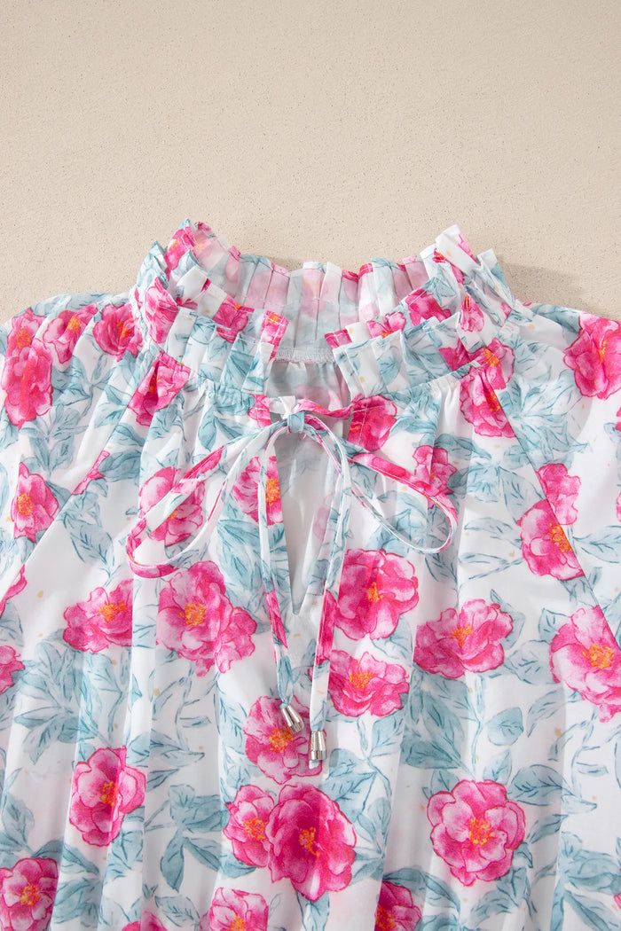 Floral Tie V-Neck Puff Sleeve Ruffle Tiered Midi Dress