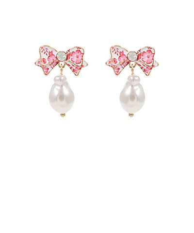 Floral printed enamel bow earrings with faux pearl dangle and titanium post displayed on a white background from The Pink Doxie Boutique.