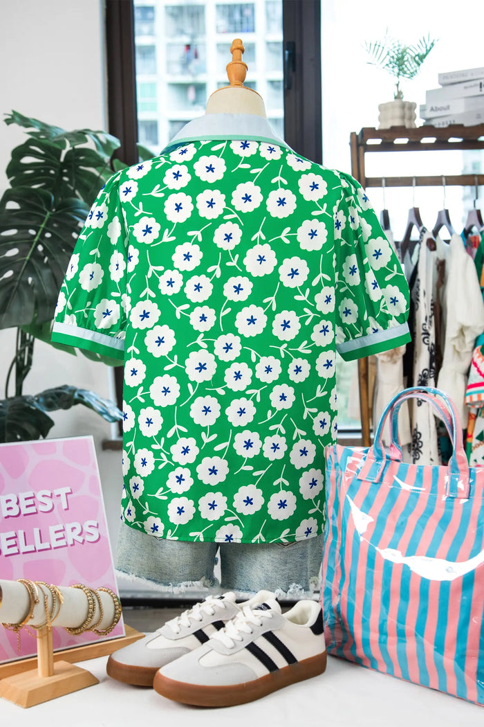 Flower Printed Contrast Patchwork Collar Short Sleeve Blouse – Green