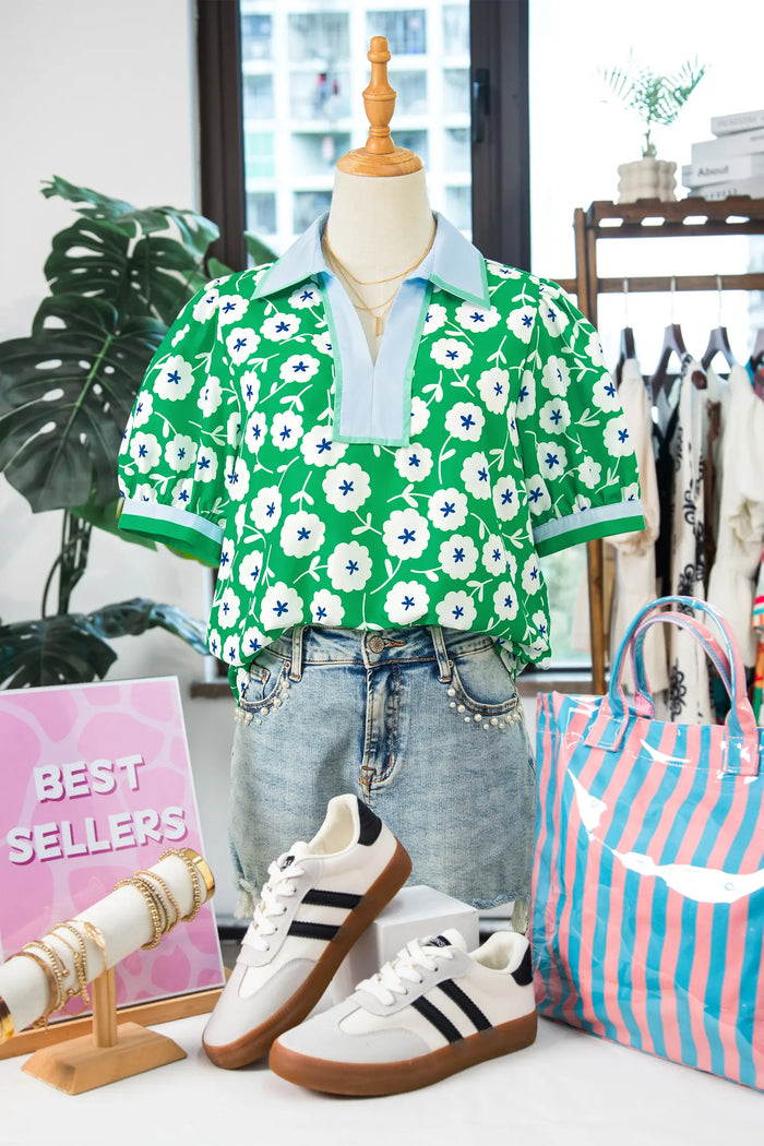 Flower Printed Contrast Patchwork Collar Short Sleeve Blouse – Green