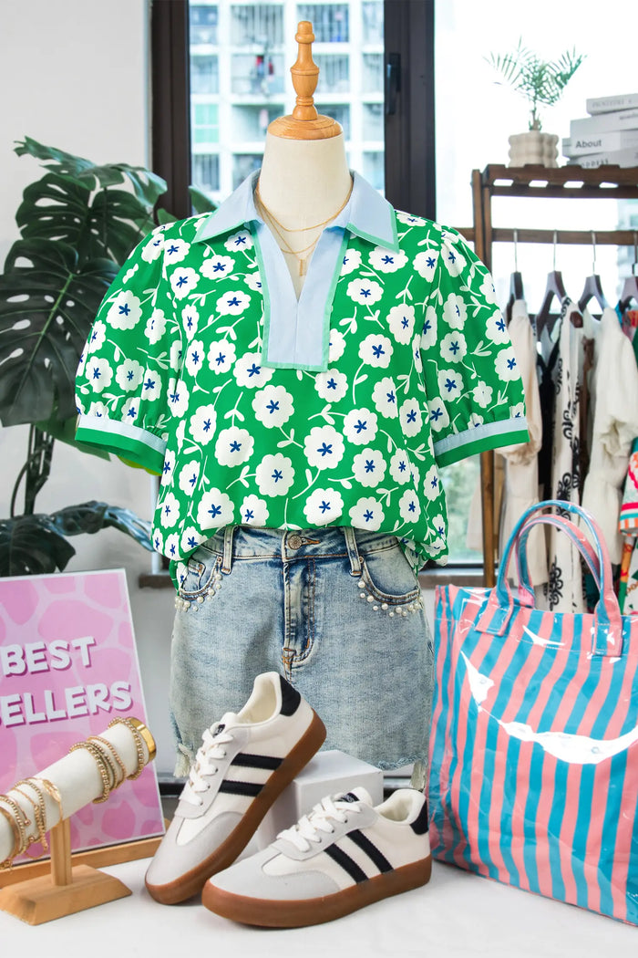 Flower Printed Contrast Patchwork Collar Short Sleeve Blouse – Green