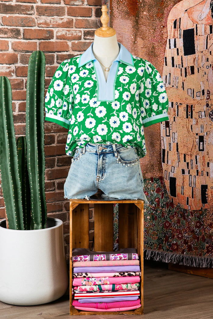 Flower Printed Contrast Patchwork Collar Short Sleeve Blouse – Green