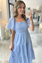 Flowy Short Sleeve Lace Detail Square Neck Tiered Midi Dress
