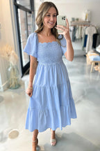 Flowy Short Sleeve Lace Detail Square Neck Tiered Midi Dress