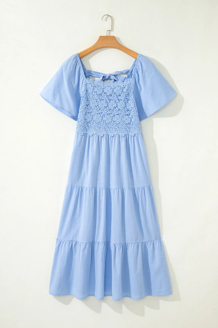Flowy Short Sleeve Lace Detail Square Neck Tiered Midi Dress