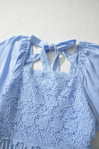 Flowy Short Sleeve Lace Detail Square Neck Tiered Midi Dress