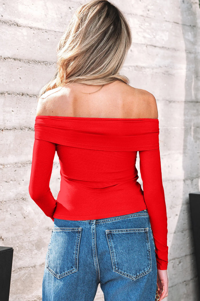 Foldover Off Shoulder Long Sleeve Slim Top