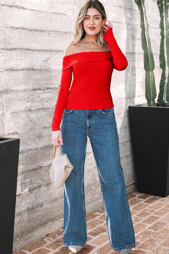 Foldover Off Shoulder Long Sleeve Slim Top