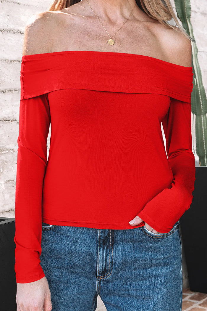 Foldover Off Shoulder Long Sleeve Slim Top