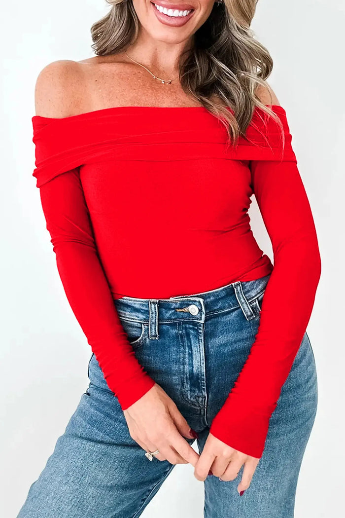 Foldover Off Shoulder Long Sleeve Slim Top