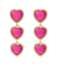 Pink framed heart three-drop earrings with gold-tone metal frames and post back closure from The Pink Doxie Boutique.