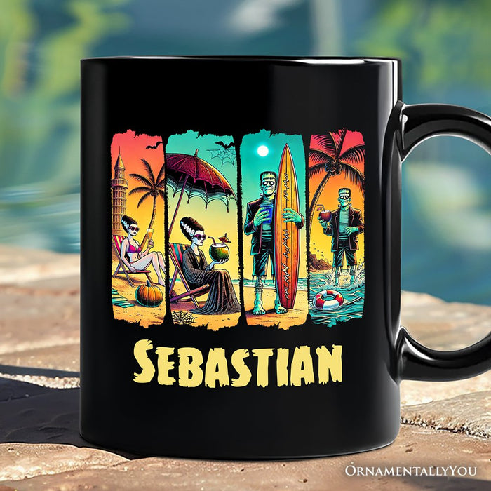 Frankenstein's Beach Vacation Personalized Mug, Retro Neon Summer Vibes Gift with Custom Name Personalized Ceramic Mug OrnamentallyYou Black Customized