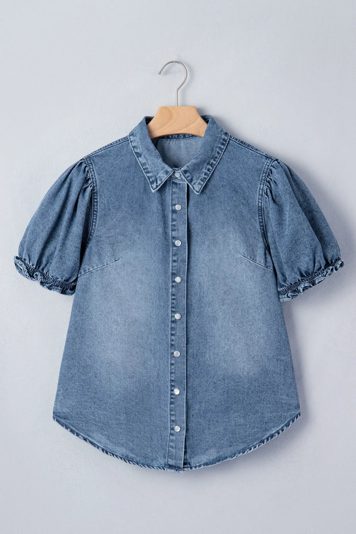 Frilled Short Sleeve Snap Button Denim Shirt