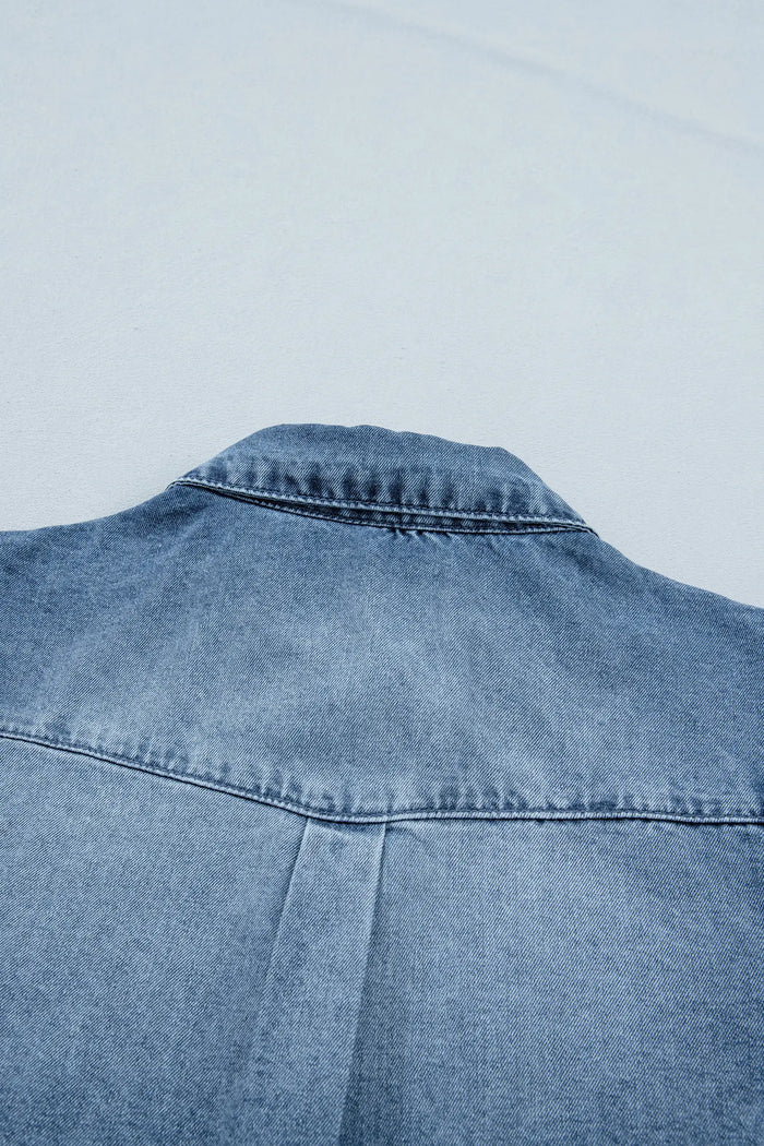 Frilled Short Sleeve Snap Button Denim Shirt