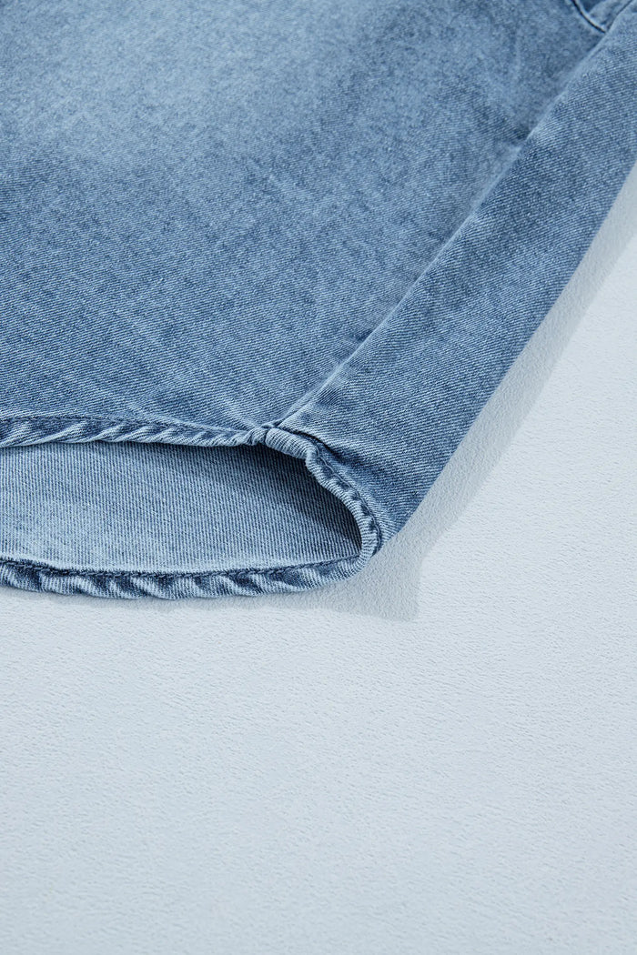 Frilled Short Sleeve Snap Button Denim Shirt