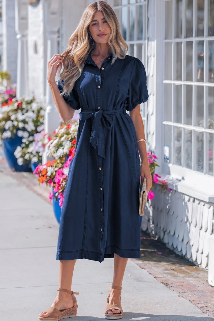 Full Button Collared Bubble Sleeve Long Denim Dress