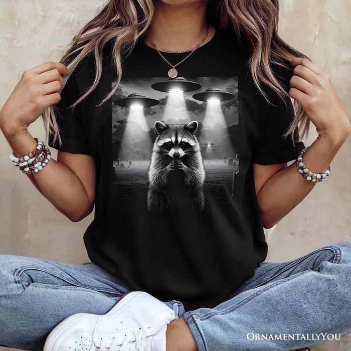 Funny Raccoon UFO T-Shirt, Unisex Black Tee for Space Lover T-Shirts OrnamentallyYou
